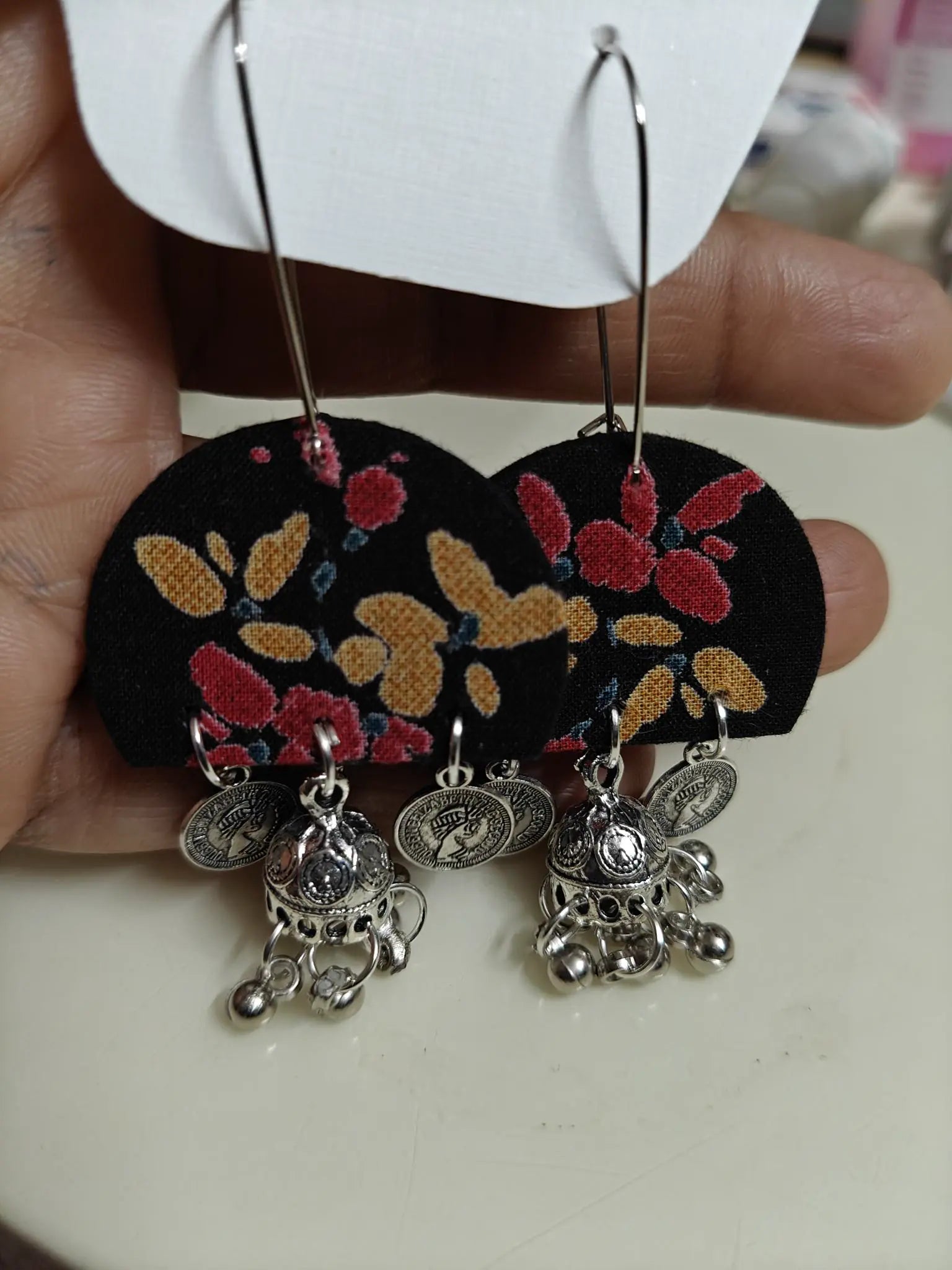 Black Floral Jhumka Half Rounds